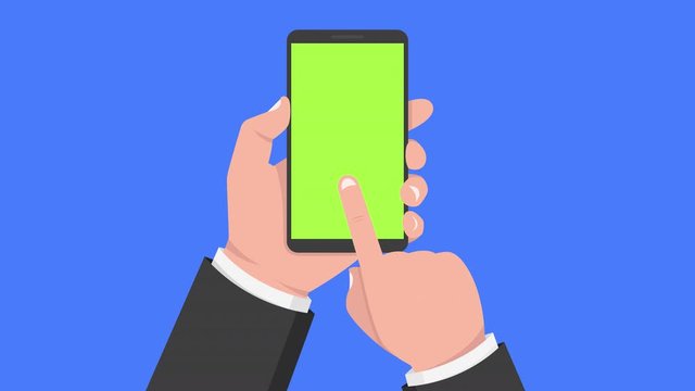 Hand holding smartphone and touching screen. Green screen. Alpha channel. 4K resolution.