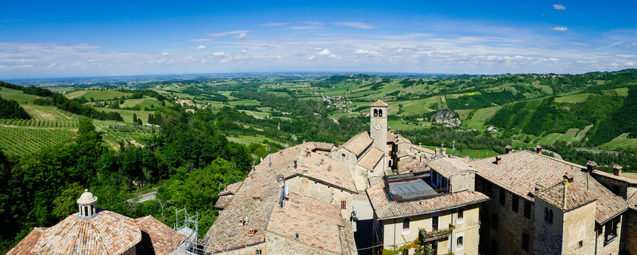 View on the surroundings of medieval fortress Vigoleno in Emilia-Romagna, Italy