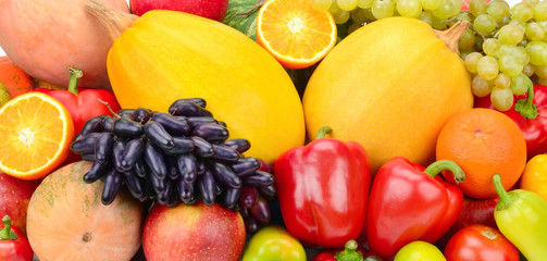 Background from the collection of fruits and vegetables. Wide photo.