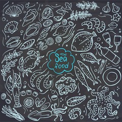 Set of seafood on chalckboard. Vector illustration. Perfect for menu or food package design.