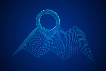 Geo map pin with folding map wireframe mesh