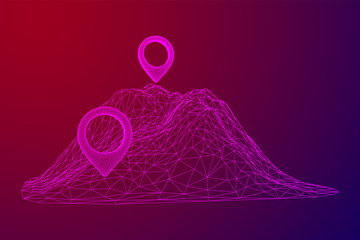 Geo map pin on mountain peak top wireframe mesh