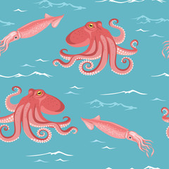 Squid and octopus seamless pattern. Blue sea and waves. Vector illustration of the sea in cartoon simple flat style.