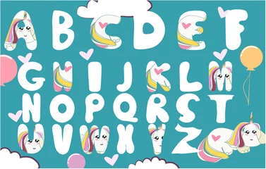 Fototapete Einhörner Satz süße und kawaii Buchstaben. Alphabet-Sammlung für Kinderparty-Feiern