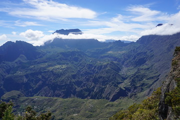 view of the tropical mountains of La Réunion, France in the fog
