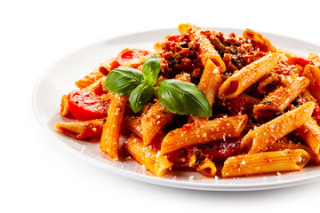 Penne with meat, tomato sauce and vegetables - obrazy, fototapety, plakaty