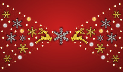 Christmas pattern gold deer, silver and golden snowflakes. Happy New Year red background. Xmas decoration. Template for greeting card, banner or poster. Vector