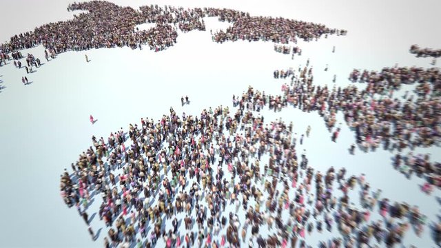 Zoom to World of People. Thousands of People Formed the World Map. Crowd Flight Over. Camera Zoom In. 4k.