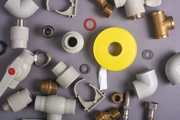 Elements for the repair of water supply and heating systems close-up.