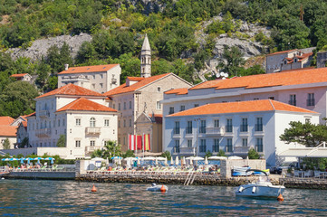 View of ancient town of Perast from the sea on sunny autumn day.  Montenegro, Adriatic Sea, Bay of Kotor