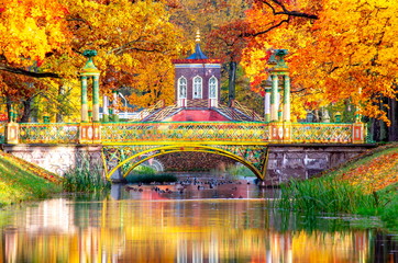 Cross bridge and Chinese bridges in Alexander park in autumn, Pushkin (Tsarskoe Selo), St....