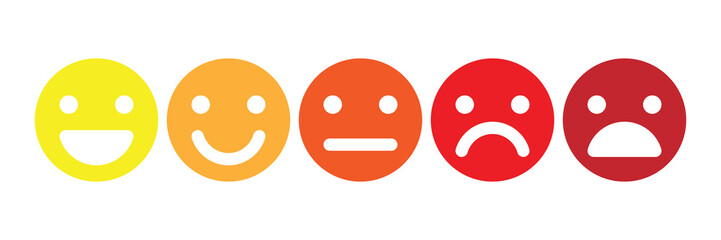 Basic emoticons set. Five facial expression of feedback scale - from positive to negative. Simple colored vector icons