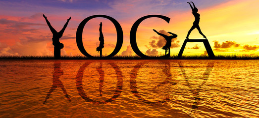 YOGA word on sunset sea with of young active women stretching in Yoga pose to keep fit and health. Healthy lifestyle, flexibility training, sport activity in summer holiday.