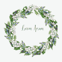 Bright watercolor christmas wreath with snowberry and  juniper. 