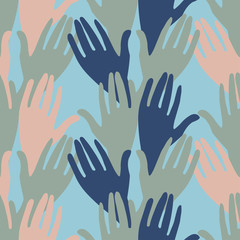 Seamless pattern with squares icon element with hands. Stylized print of a hand print. Can be used for printing on paper, stickers, badges, jewelry, cards, textiles.
