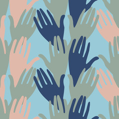Seamless pattern with squares icon element with hands. Stylized print of a hand print. Can be used for printing on paper, stickers, badges, jewelry, cards, textiles.