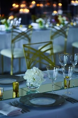 Fancy wedding reception area ready for guests and the party