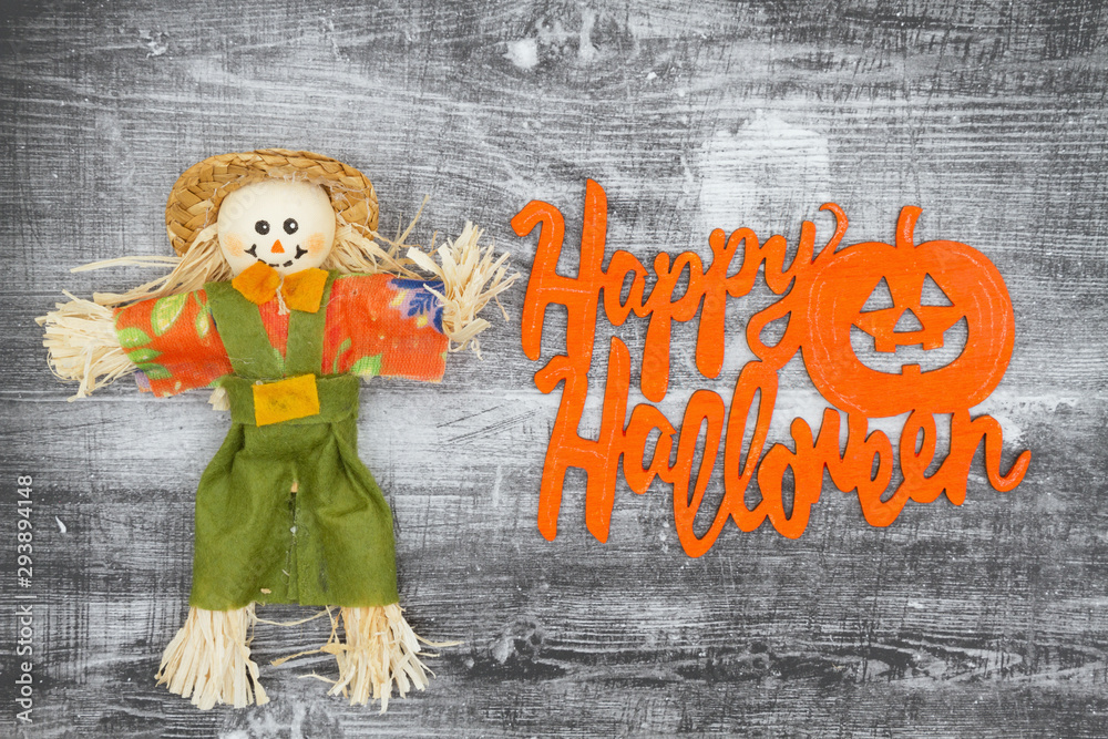 Wall mural Happy Halloween greeting with fall scarecrows - Wall murals