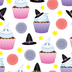 Vector bright seamless pattern with holliday cakes. Good for halloween packing, prints and textile production
