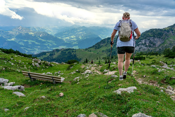 tourist woman hiking in the tyrol alps with walking sticks poles from back