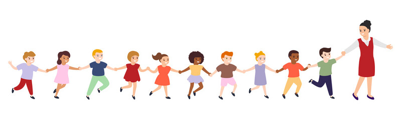 Group of cartoon happy multicultural children and educator. Girls and boys follow a woman leader, hold hands. Cute diverse kids. Vector illustration