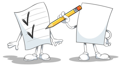 Cartoon blank paper character wrote check by pencil. Cartoon vector illustration isolated on white background.