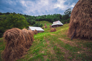 Rural landscape small village houses and haystacks