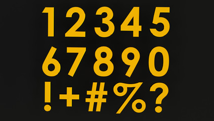 3d rendering of a Set of Golden numbers with symbol. Number from 0 to 9 in gold over black background