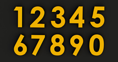 3d rendering of a Set of Golden numbers. Number from 0 to 9 in gold over black background