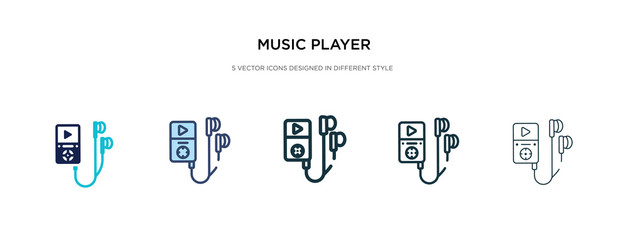 music player icon in different style vector illustration. two colored and black music player vector icons designed in filled, outline, line and stroke style can be used for web, mobile, ui