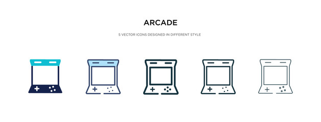 arcade icon in different style vector illustration. two colored and black arcade vector icons designed in filled, outline, line and stroke style can be used for web, mobile, ui
