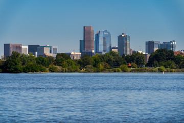 Denver Skyline from Sloan Lake. Blue skies day. Vibrant Colors