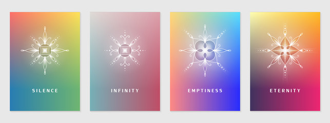 Vector set of cover design template with sacred geometry abstract elements; Modern colorful bright gradient; Shiny floral geometric mandalas; Yoga, meditation and mindfulness concept.