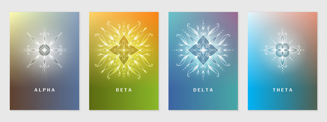 Vector set of cover design template with sacred geometry abstract elements; Modern colorful bright gradient; Shiny floral geometric mandalas; Yoga, meditation and mindfulness concept.