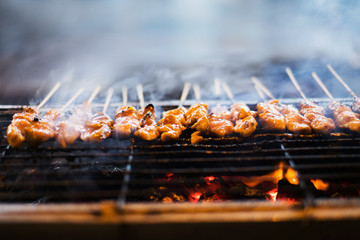 Pork skewers grilling over flame on barbecue at outdoor hawker fare market in Penang, Malaysia