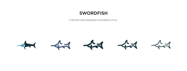 swordfish icon in different style vector illustration. two colored and black swordfish vector icons designed in filled, outline, line and stroke style can be used for web, mobile, ui