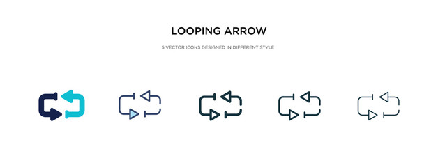 looping arrow icon in different style vector illustration. two colored and black looping arrow vector icons designed in filled, outline, line and stroke style can be used for web, mobile, ui