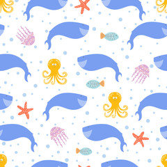 Naklejka na ściany i meble Seamless cartoon pattern with sea inhabitants - whale, octopus, fish, starfish, jellyfish and waves. Cute cartoon character. Vector