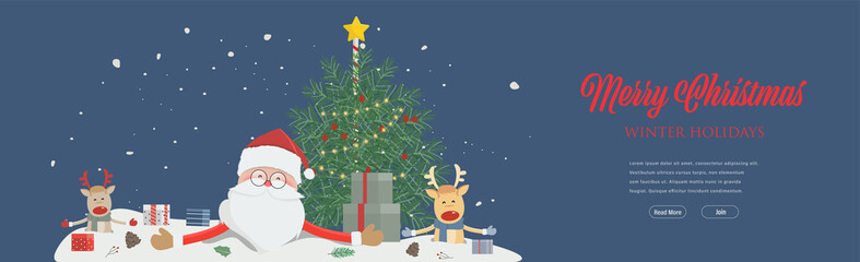 Merry christmas and Happy new year party and wearing santa claus hat. Web Landing page template for winter holidays.