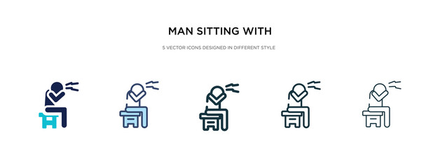 man sitting with headache icon in different style vector illustration. two colored and black man sitting with headache vector icons designed in filled, outline, line and stroke style can be used for