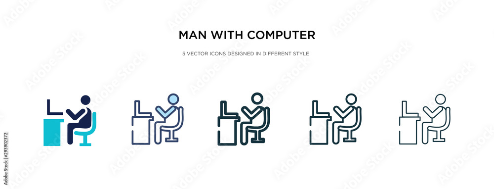 Poster man with computer screen icon in different style vector illustration. two colored and black man with