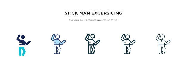 stick man excersicing icon in different style vector illustration. two colored and black stick man excersicing vector icons designed in filled, outline, line and stroke style can be used for web,
