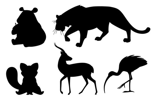 Black silhouette set of different animals cartoon design flat vector illustration isolated on white background cute wild animal