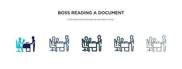 boss reading a document icon in different style vector illustration. two colored and black boss reading a document vector icons designed in filled, outline, line and stroke style can be used for
