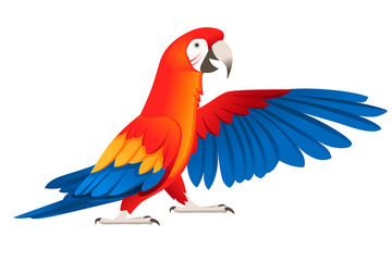 Adult parrot of red-and-green macaw Ara standing on two legs and wave wing (Ara chloropterus) cartoon bird design flat vector illustration isolated on white background