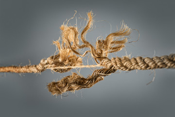 Frayed rope near to break on gray background