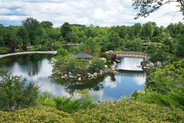 Fototapeta na wymiar Pond and bridge in a Japanese Garden