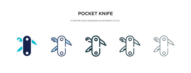 pocket knife icon in different style vector illustration. two colored and black pocket knife vector icons designed in filled, outline, line and stroke style can be used for web, mobile, ui - obrazy, fototapety, plakaty