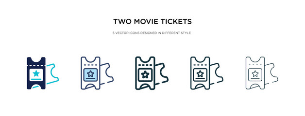 two movie tickets icon in different style vector illustration. two colored and black two movie tickets vector icons designed in filled, outline, line and stroke style can be used for web, mobile, ui