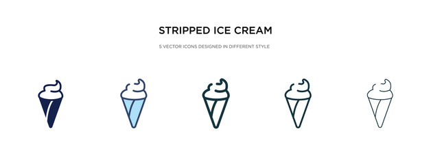 stripped ice cream cone icon in different style vector illustration. two colored and black stripped ice cream cone vector icons designed in filled, outline, line and stroke style can be used for